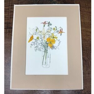 Vintage 1975 Mary Lou Goertzen Matted Lithograph Print Poppies in a Jar
